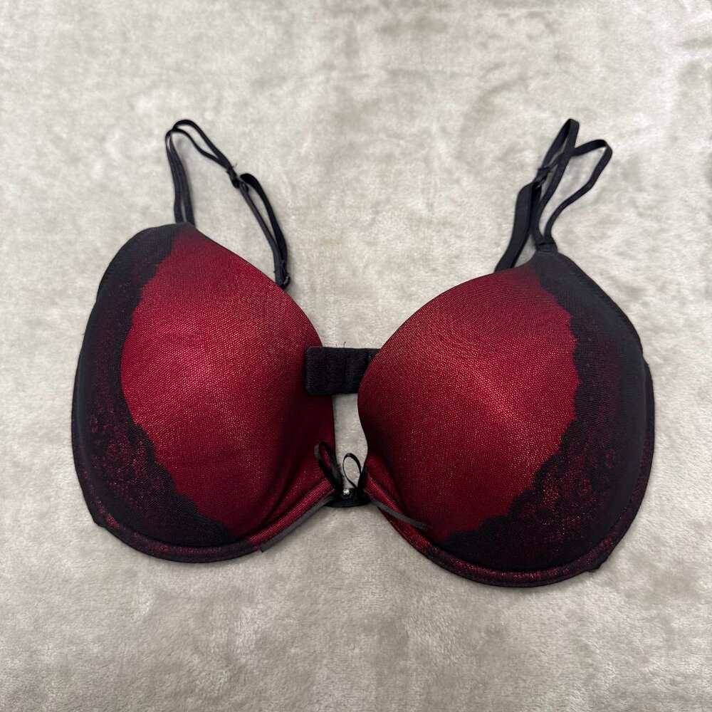 Vassarette Black Red Lace Overlay Push Up Underwire Bra Size 36D Lingerie